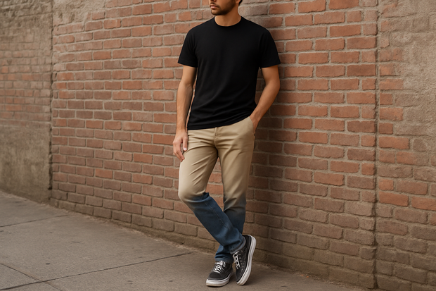 urban men pants standing against a wall